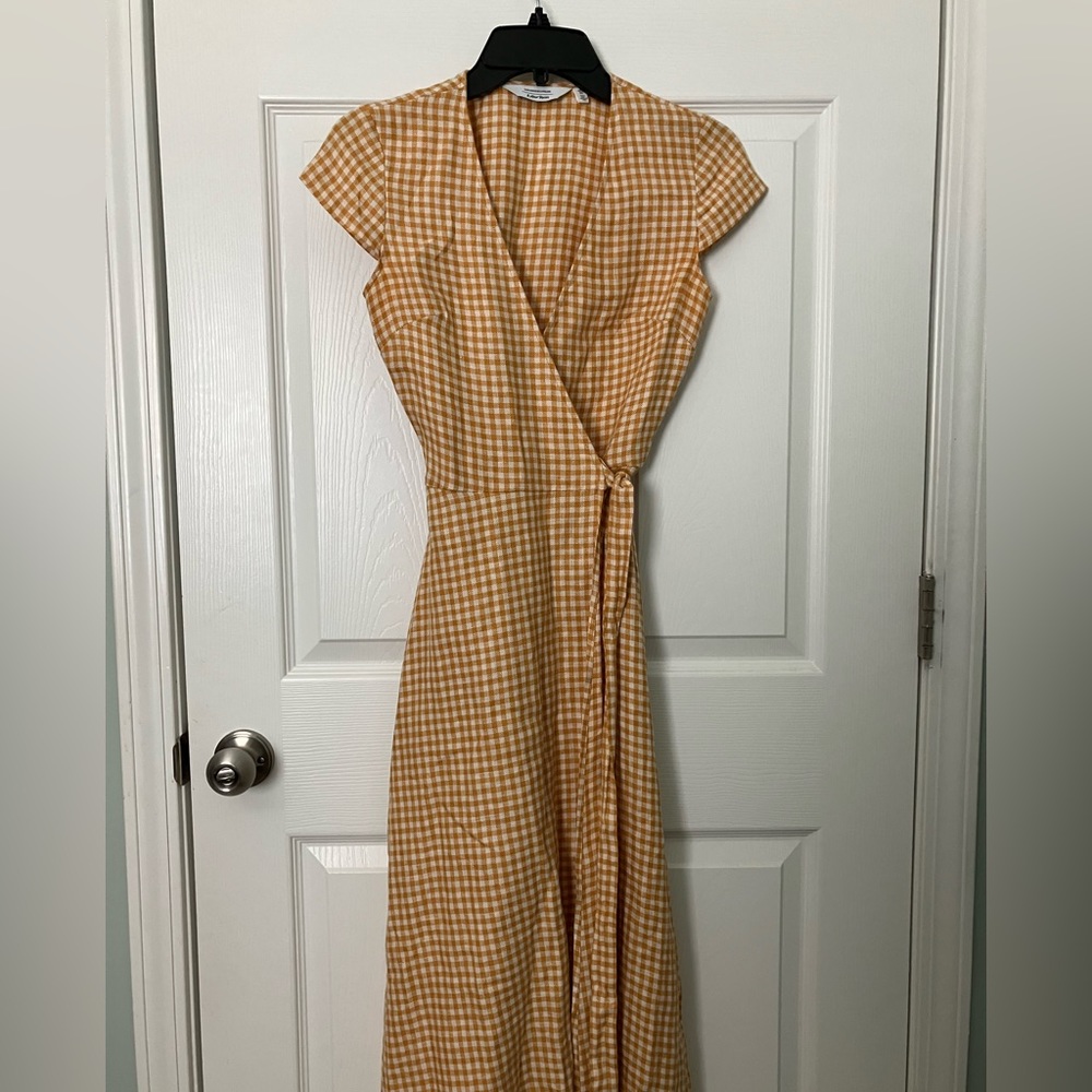 & Other Stories Gingham Checked Linen Midi Wrap Dress